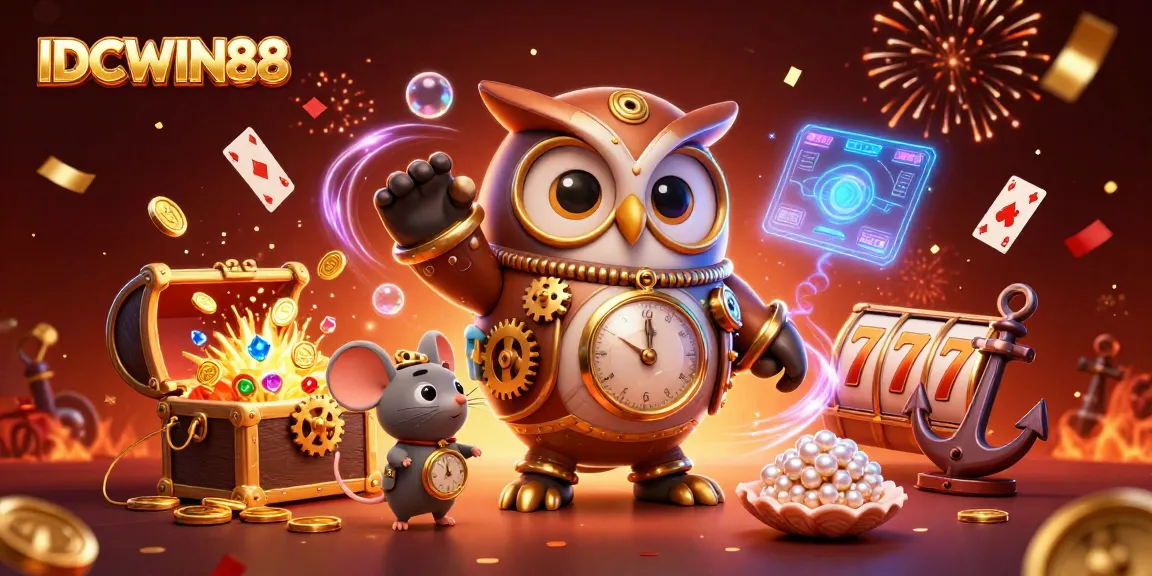 Experience the thrill of gaming with IDCWIN88, featuring an owl and mouse amidst slot machines and festive confetti.