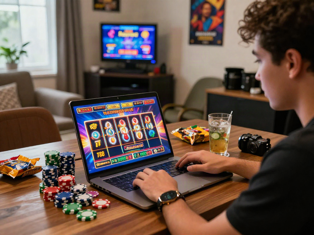 Engaged player enjoying Slot Gacor MAHJONGJP88 in a vibrant online casino setup, with colorful graphics and chips.