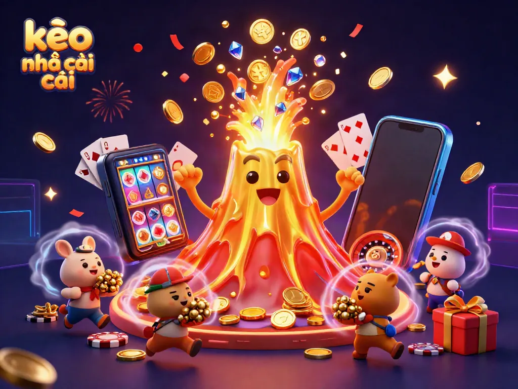 Engage with kèo nhà cái featuring a golden volcano erupting coins and treasure amidst vibrant gaming elements.