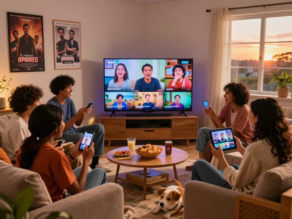 Friends enjoying pg bokep videos together in a cozy, vibrant living room.