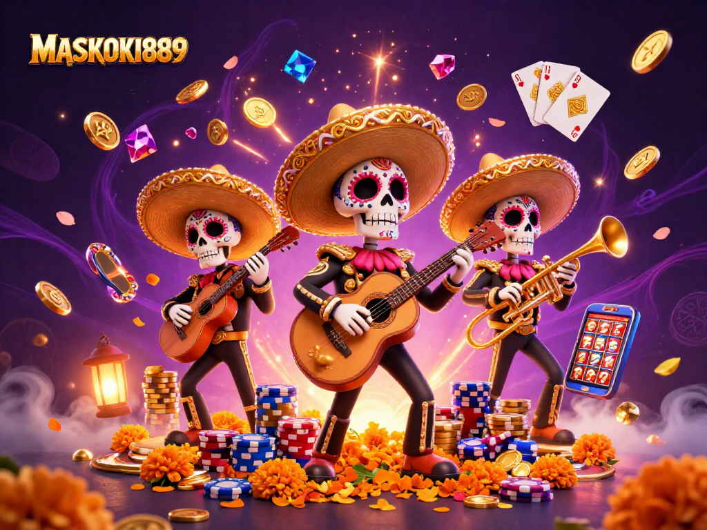 Engage with exciting gameplay at MASKOKI889, featuring vibrant casino elements and a lively mariachi band in a captivating scene.