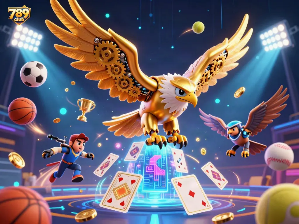 Experience the excitement of the 789 club with a dynamic 3D illustration of a golden eagle amidst colorful casino elements.