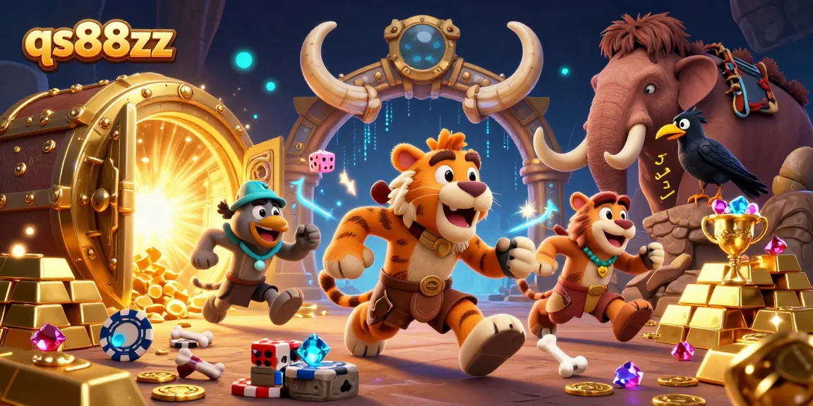 Engage in thrilling gameplay at qs88zz casino with vibrant characters, dice, and treasures.