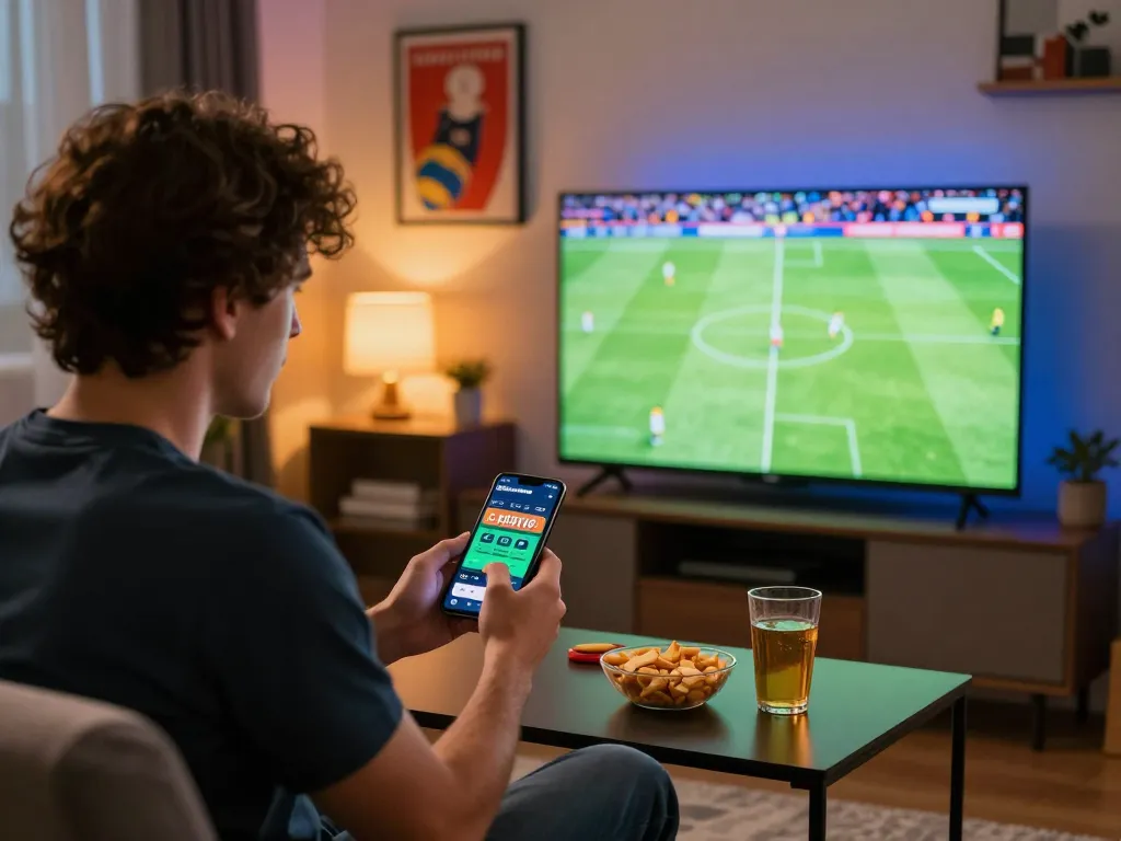 Engaged sports fan using nhandinhkeonhacai app for live betting during exciting football match