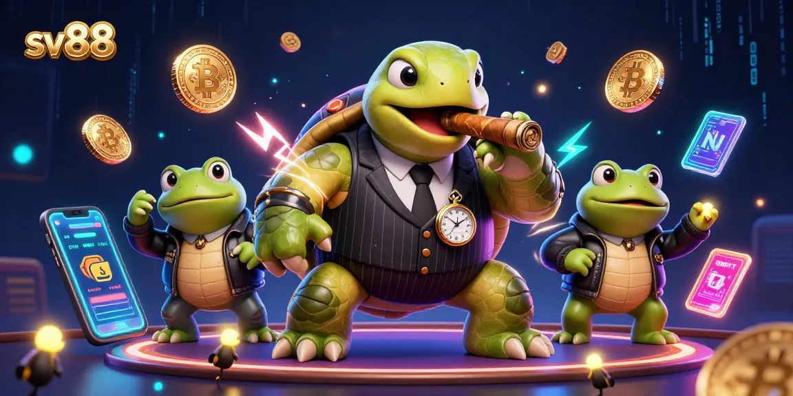sv88 showcases a dynamic casino scene with a whimsical snapping turtle and crypto elements, enhancing gaming excitement.
