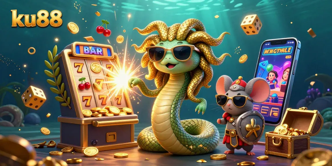 ku88 delights players with a dynamic casino scene including Medusa, a warrior mouse, and vibrant slot machine excitement.