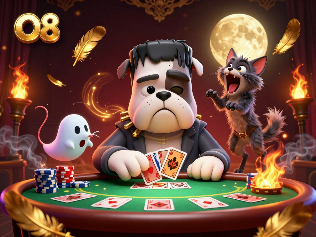 O8 poker table scene featuring a Frankenstein bulldog dealing cards with golden chips.