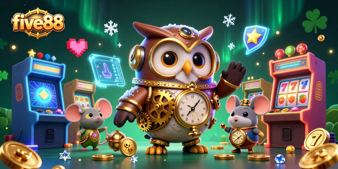 Experience the excitement of five88 with a vibrant 3D casino-themed illustration featuring engaging characters and elements.