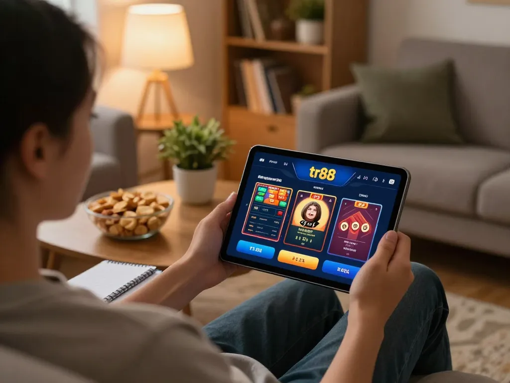 Engaging with the tr88 casino app on a tablet in a cozy living room setting.