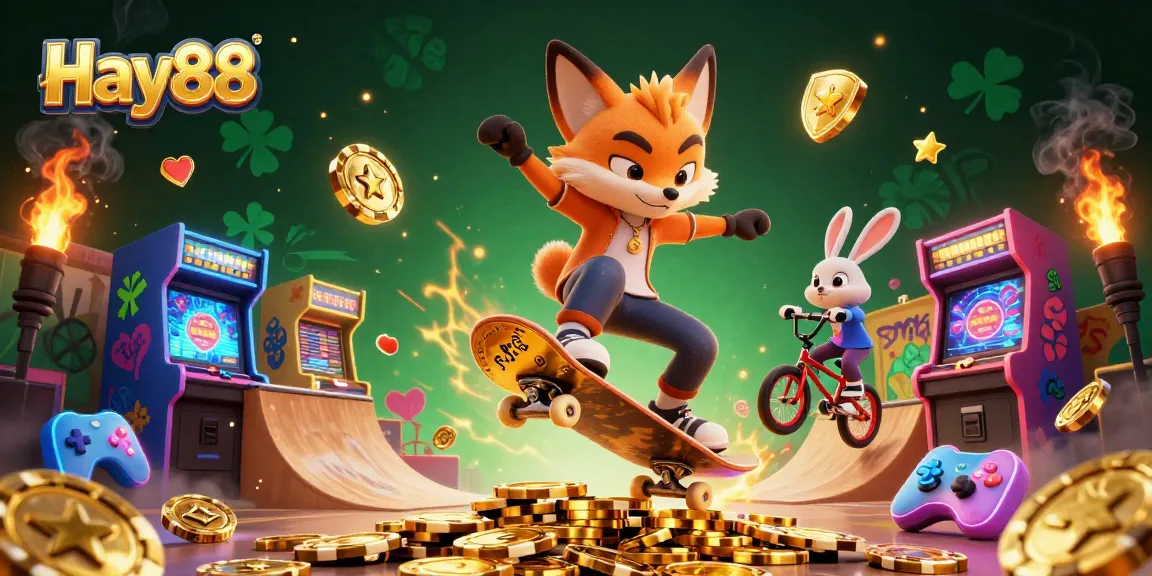 Hay88 presents an action-packed 3D illustration showcasing a fox skateboarder and a BMX rabbit amidst casino-themed elements.