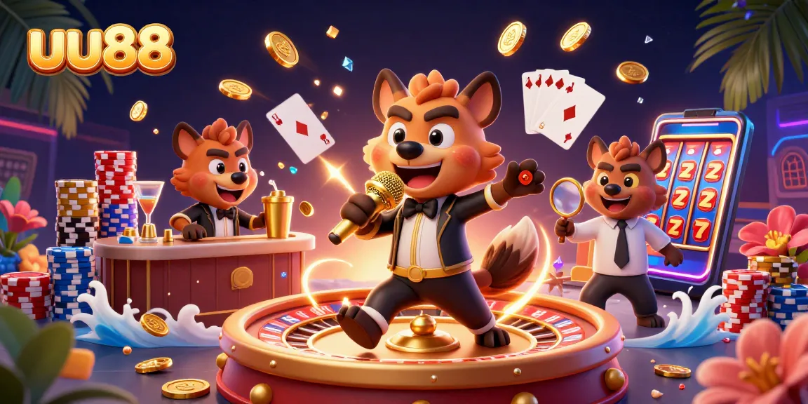 uu88 showcases a comedic casino scene with hyenas, drinks, and sparkling gems.