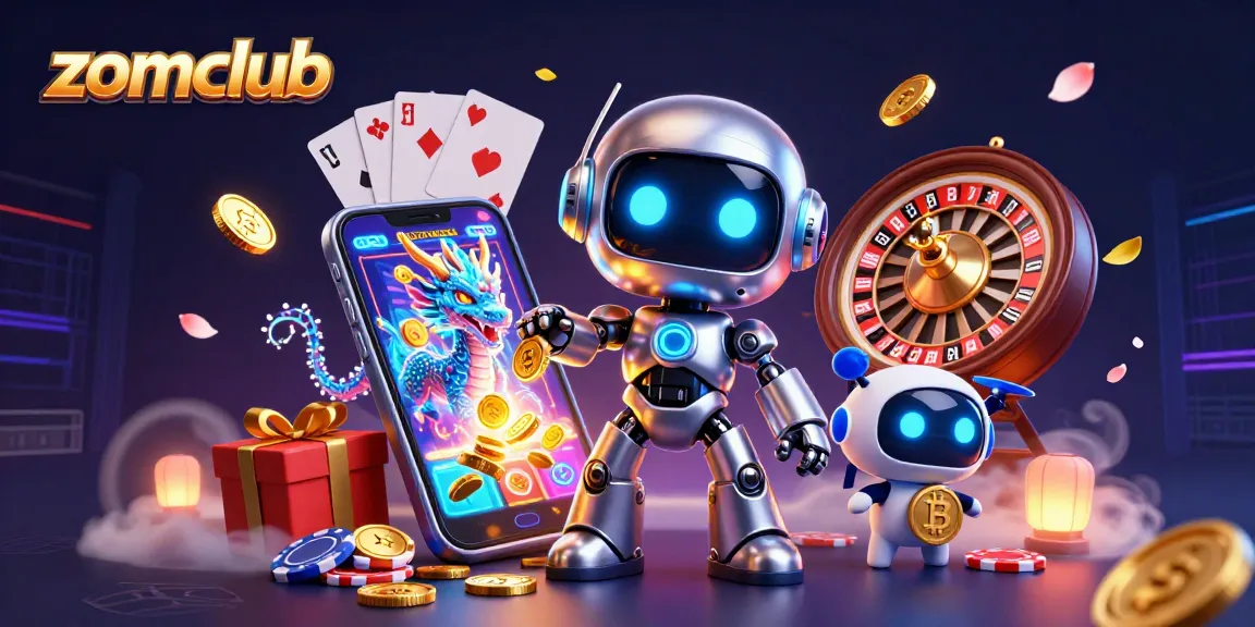 Zomclub offers thrilling gaming experiences with a futuristic casino scene featuring vibrant slot games and a dynamic character ensemble.