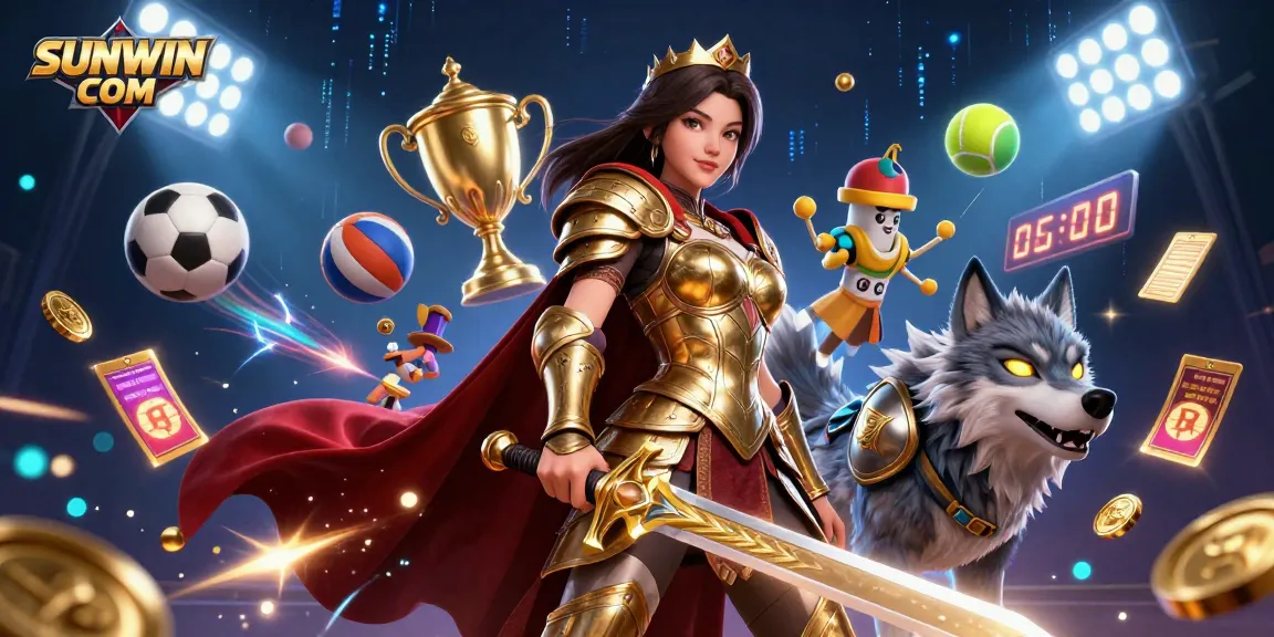 Engage in thrilling gameplay at SUNWIN COM with a warrior queen and her wolf in a dynamic casino setting.