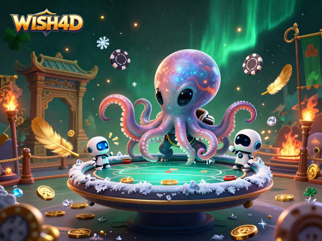 Engage with WISH4D's lively alien poker scene featuring an octopus and robot in a dynamic casino setting.