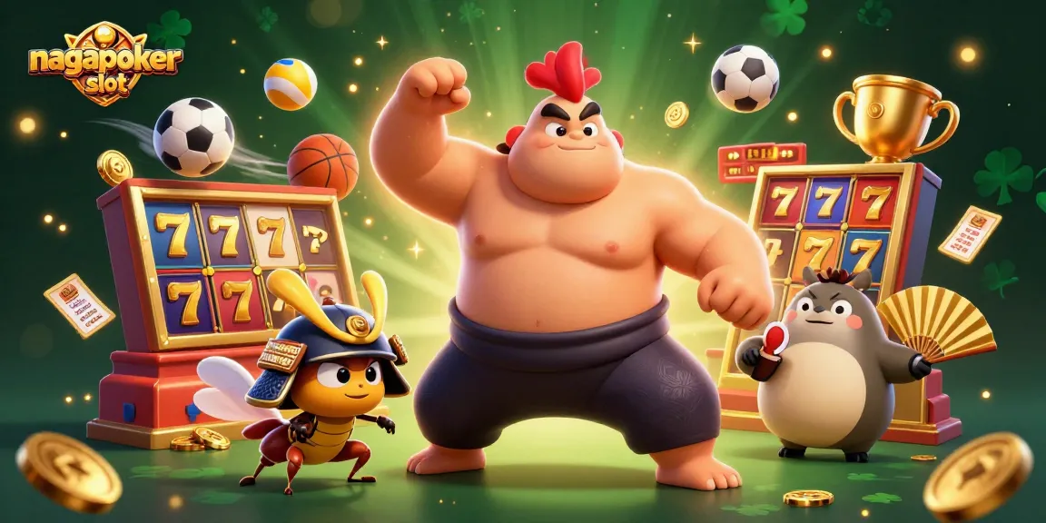Experience exciting nagapoker slot action with dynamic characters and casino elements in this vibrant illustration.