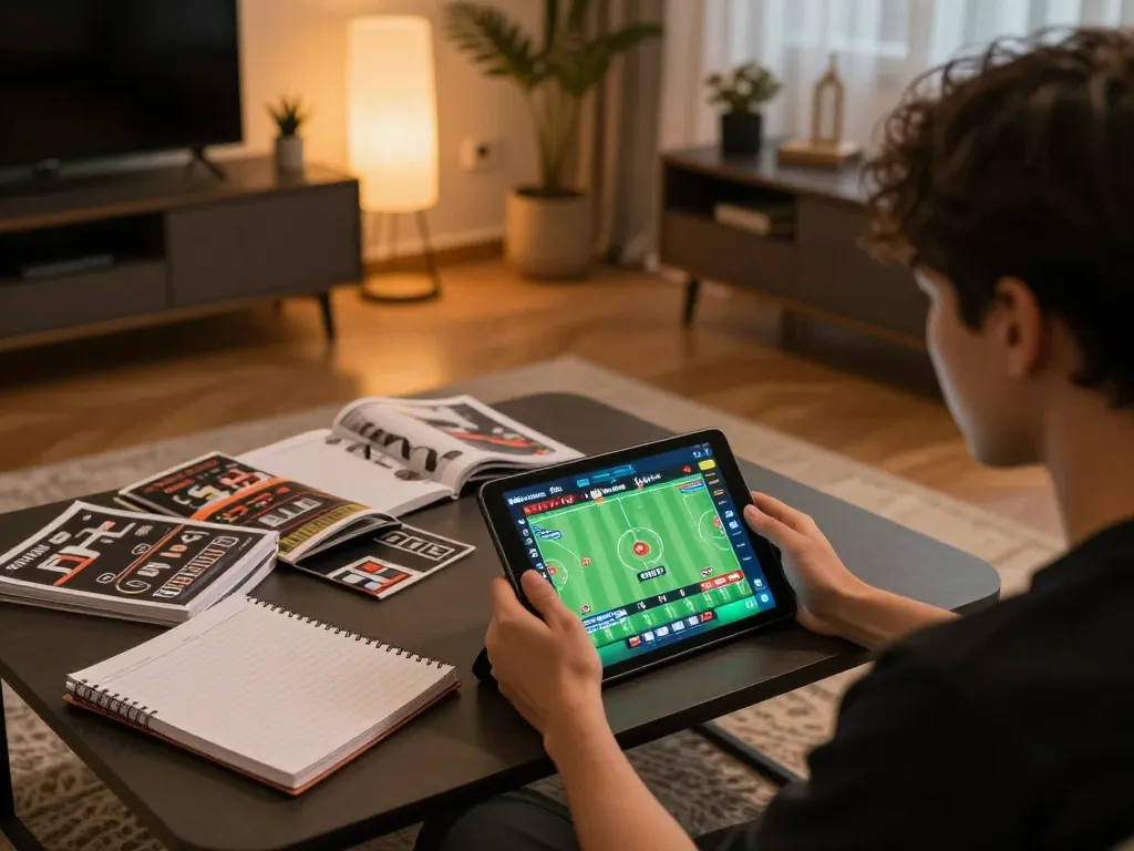 Engaged player analyzing Keo Nha Cai 5 odds on a tablet in a stylish home setting.