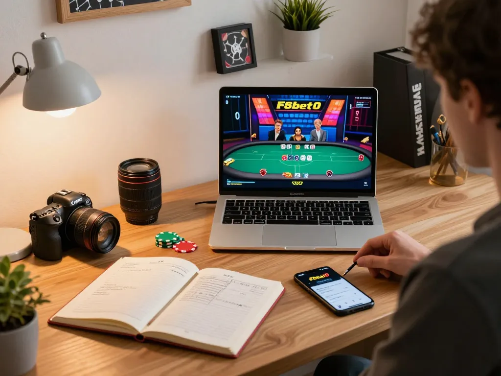 Player engaging in online poker at f8bet0 app while reviewing strategy notes in a stylish home office.