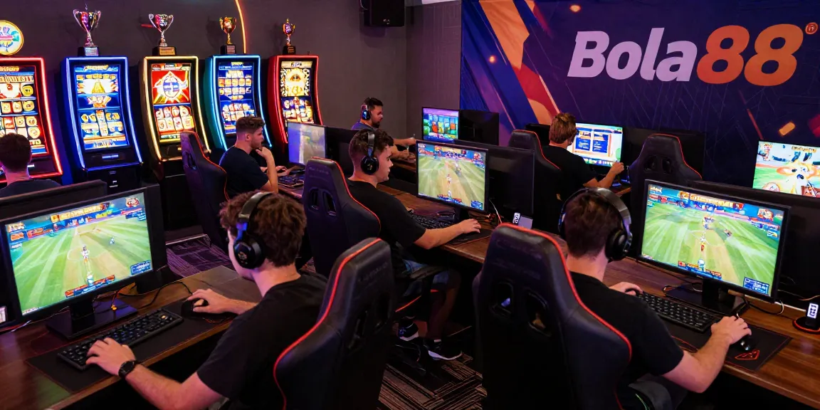 Withdraw Bola88 in a lively online gaming environment with excited players surrounded by vibrant gaming screens and elements of competition.