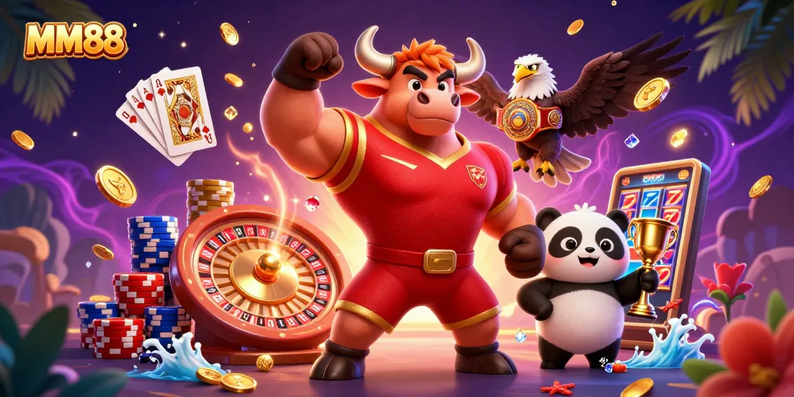 Experience MM88 with dynamic gaming elements like coins, trophies, and characters in a vibrant casino scene.