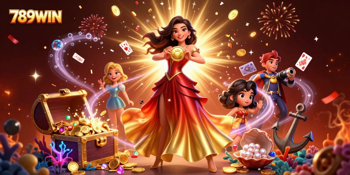 789WIN unleashes excitement with a stunning 3D lottery and gaming scene bursting with coins and gems.