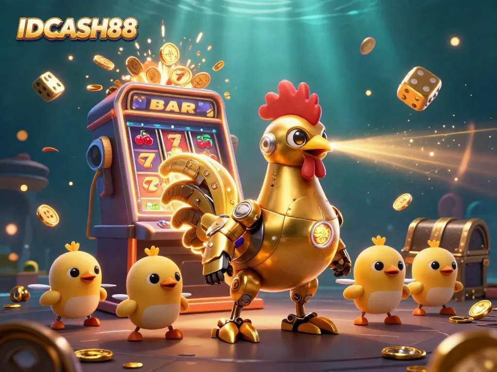 Experience the excitement of IDCASH88 with a vibrant 3D illustration of a golden robot and baby chick drones amidst dazzling casino elements.
