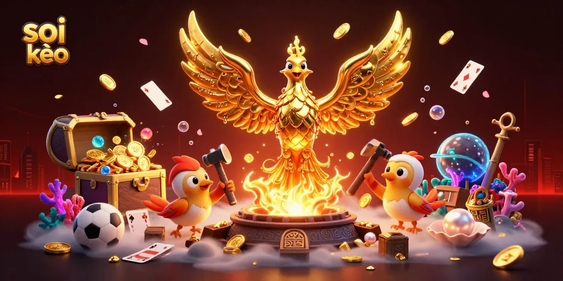 Soi kèo betting strategy visualization featuring a molten metal phoenix and sports elements.