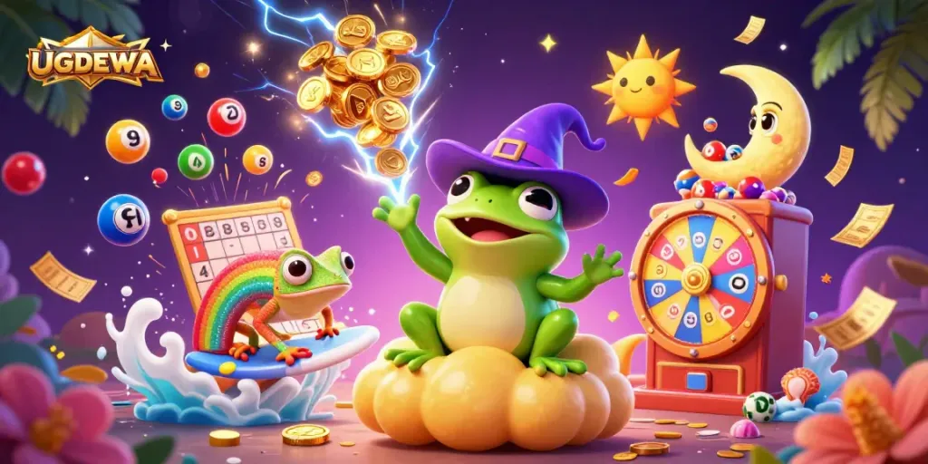 Engage with UGDEWA's vibrant lottery scene showcasing a wizard frog and chameleon amidst golden coins.