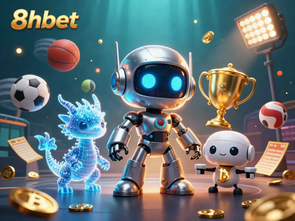 Engage with 8xbet's dynamic gaming scene featuring a cyberpunk mascot and holographic dragon.