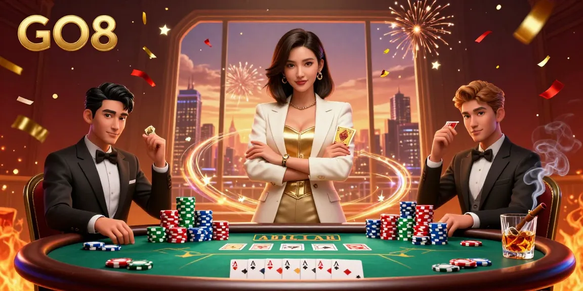 Experience the vibrant excitement of GO8 with a powerful businesswoman in a dazzling casino scene, showcasing poker game elements.
