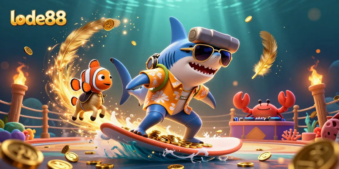 Engage in thrilling lode88 action with a shark surfing on gold coins and vibrant casino elements.