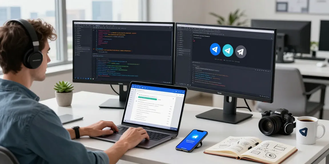 Workspace with Telegram Download interface on laptop, showcasing modern tech communication.