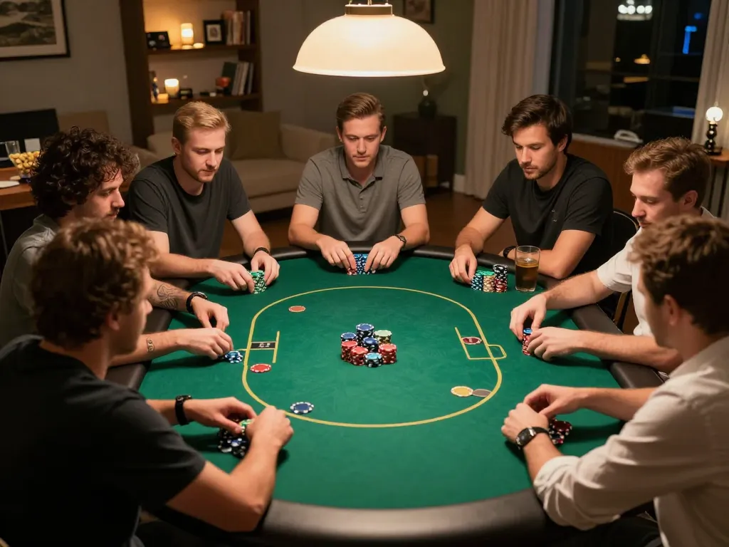 Engaged players participating in a strategic poker game at home, showcasing LGOLUX LOGIN for immersive gameplay.