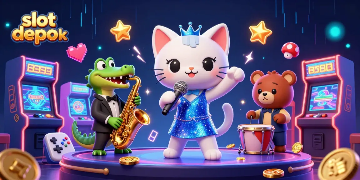 Spin to win at slot depo 5k with our lively illustration featuring a jazz-singer cat and friends.