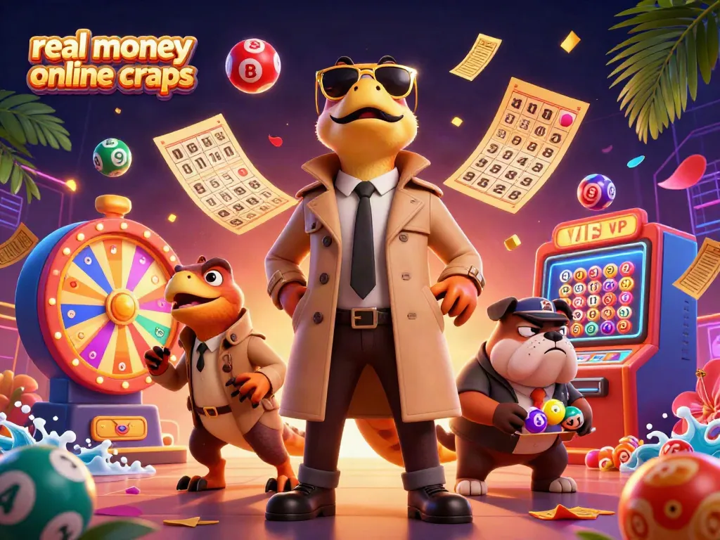 Experience the excitement of real money online craps with vibrant elements and animated characters in this 3D illustration.