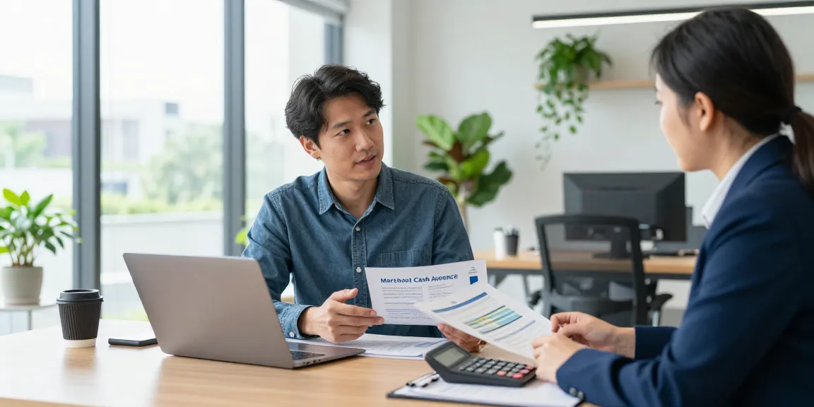 Entrepreneur discussing same day merchant cash advance in a modern office with a financial advisor, showcasing collaboration and strategy.