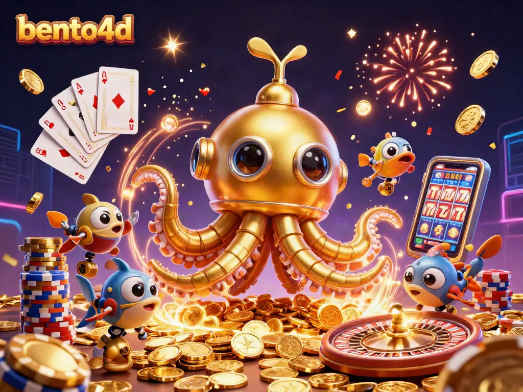 Engage with bento4d in a vibrant underwater casino scene featuring a golden kraken and sparkling gems.