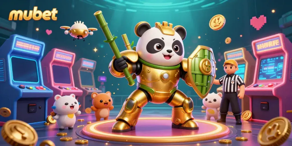 Experience thrilling gameplay at mubet, showcasing a lively casino scene with vibrant characters and arcade machines.