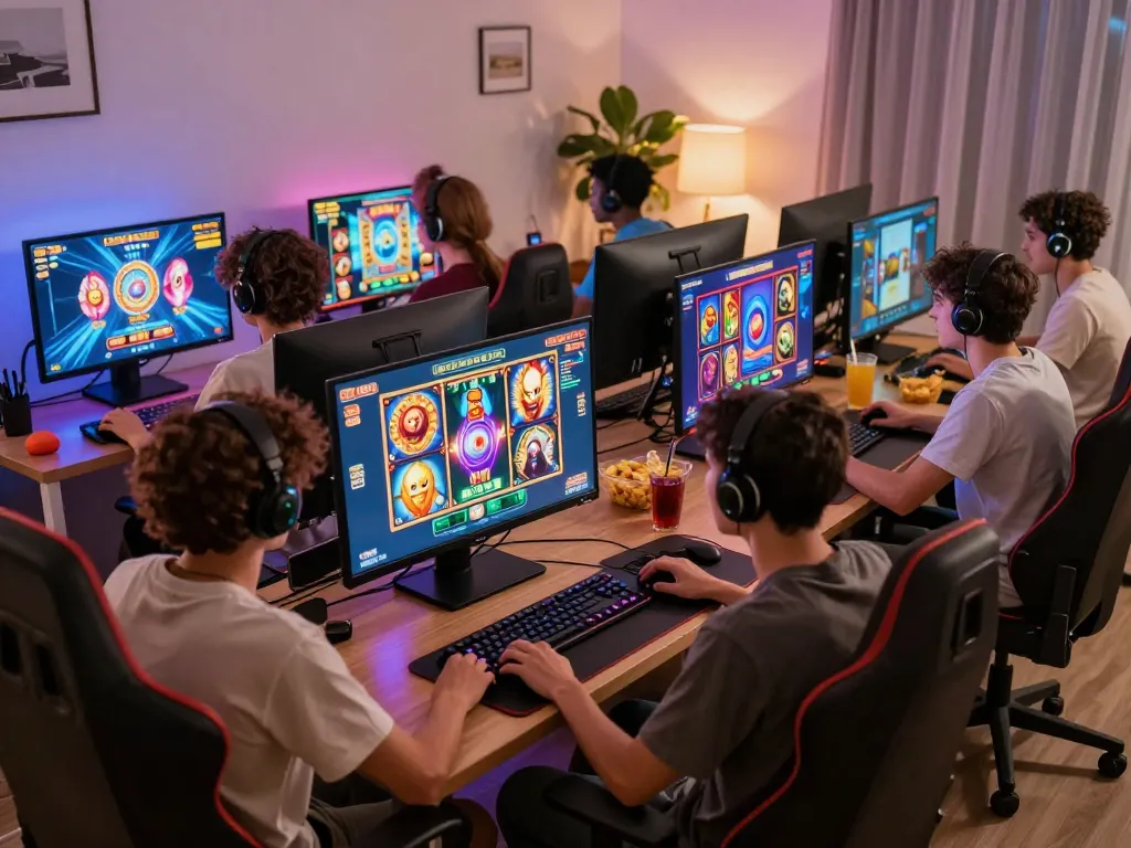 Players enjoying online slots at vegasslot77 in a vibrant gaming setup.