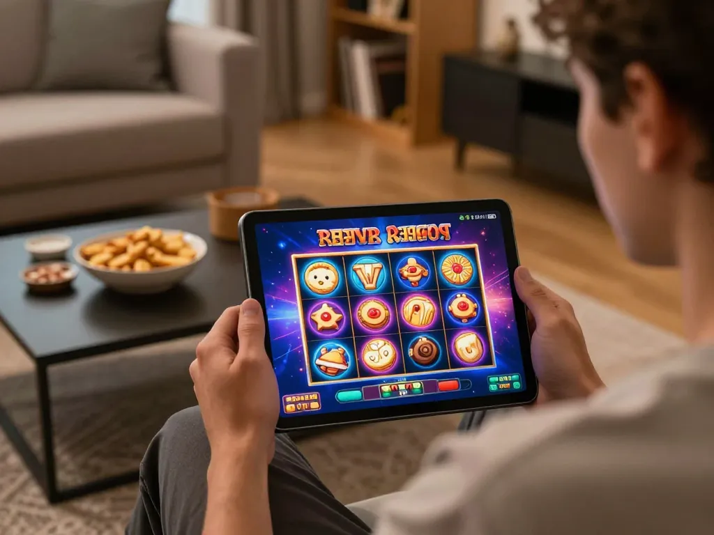 Enjoying Slot Resmi game on tablet in a cozy home setting.