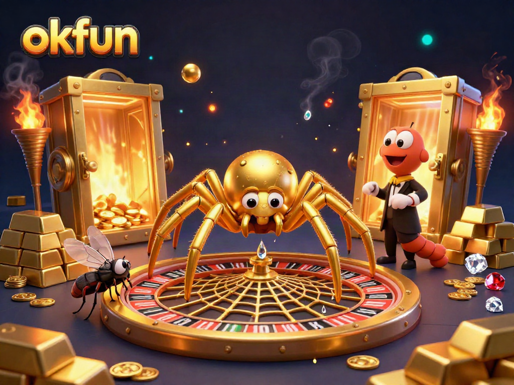 Experience excitement with okfun in this vibrant casino scene featuring a roulette wheel web and a betting fly.