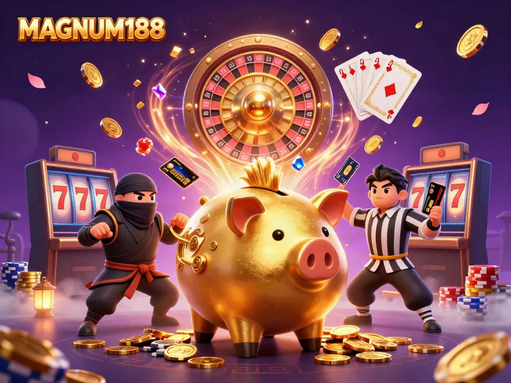 Experience the thrill of MAGNUM188 with dynamic casino action featuring a piggy bank sumo wrestler, wallet-ninja, and credit-card referee.