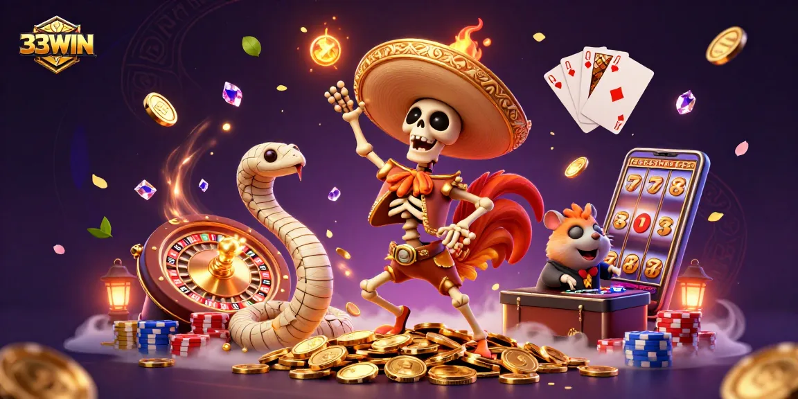 Experience excitement with 33WIN's unique gaming scene featuring vibrant characters and lively casino elements.