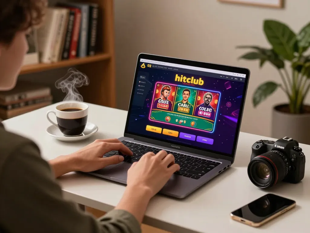 Player enjoying games on hitclub platform at home desk, showcasing online gambling experience.