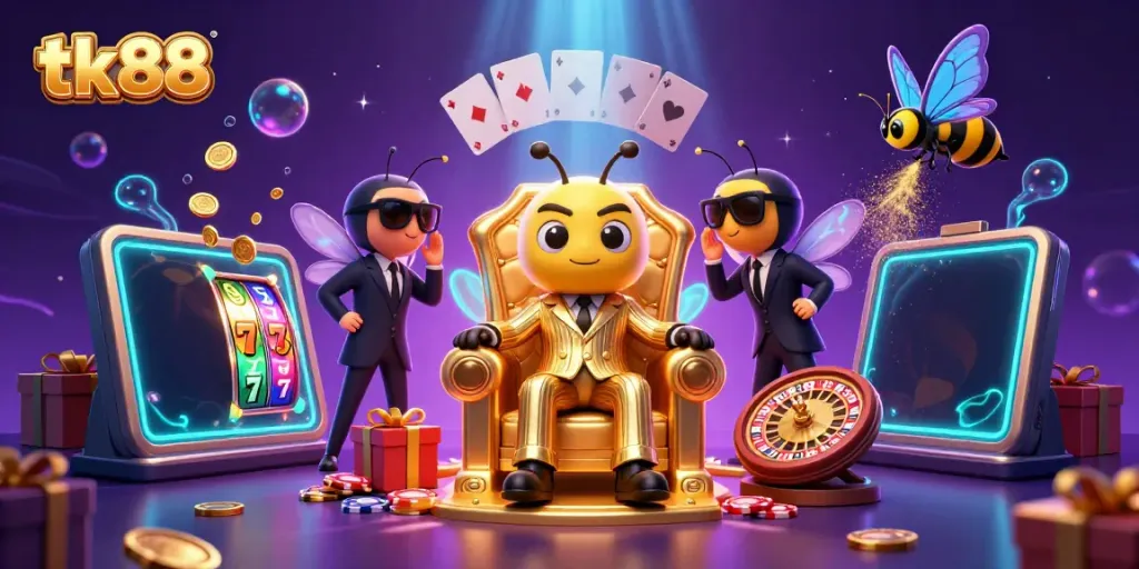 Experience the vibrant thrill of tk88 casino gaming with colorful slot games and a dynamic illustration of characters.