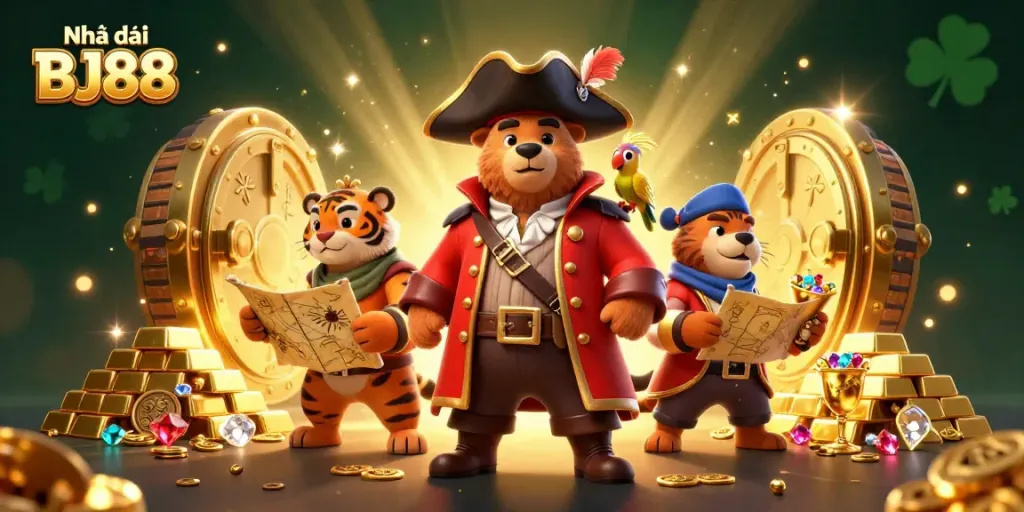 Enjoy exciting games at Nhà cái BJ88 with brilliant treasures and dynamic characters in a captivating scene.