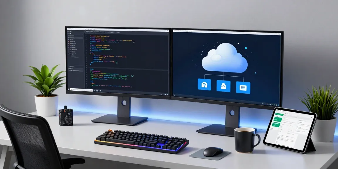 gi8ee software development workspace with dual monitors, coding on cloud computing projects.