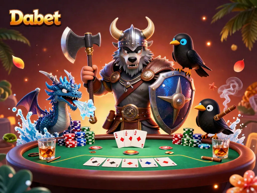 Dabet showcases a dynamic casino scene with a Viking wolf warrior, dragon, and animated poker elements.