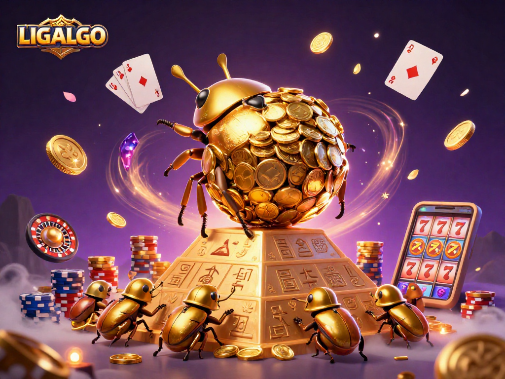 LIGALGO illustrates a golden dung beetle rolling coins up a pyramid surrounded by dynamic casino elements.