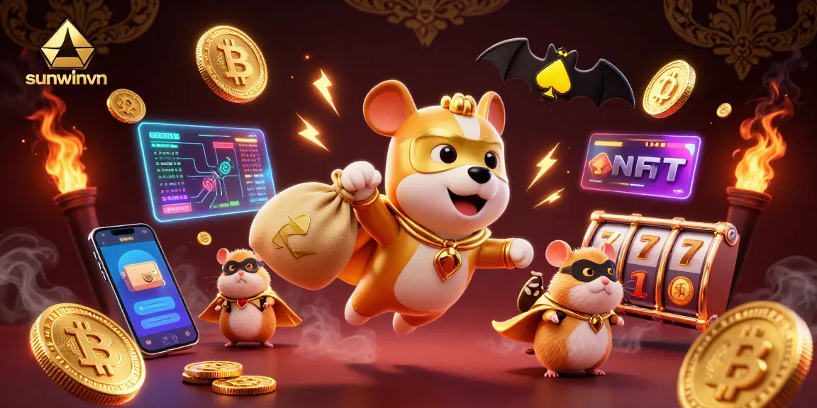 Experience the excitement of sunwinvn with a superhero dog and hamster amidst vibrant casino elements.