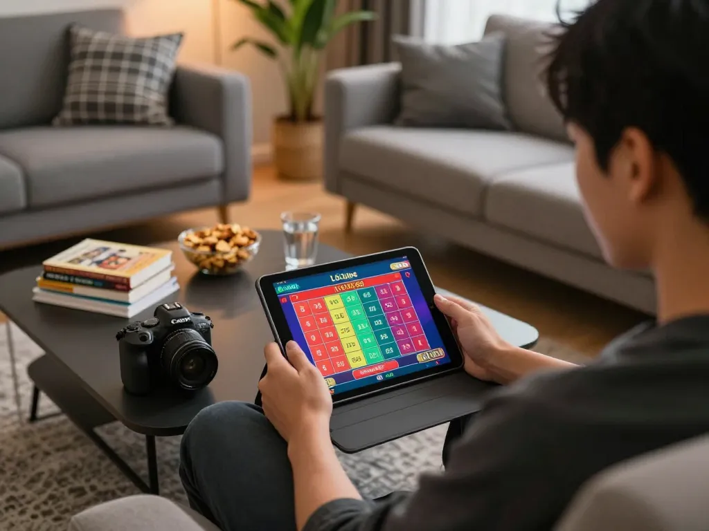 Player engaging in lô đề online betting with a tablet in a cozy living room, showcasing modern gambling